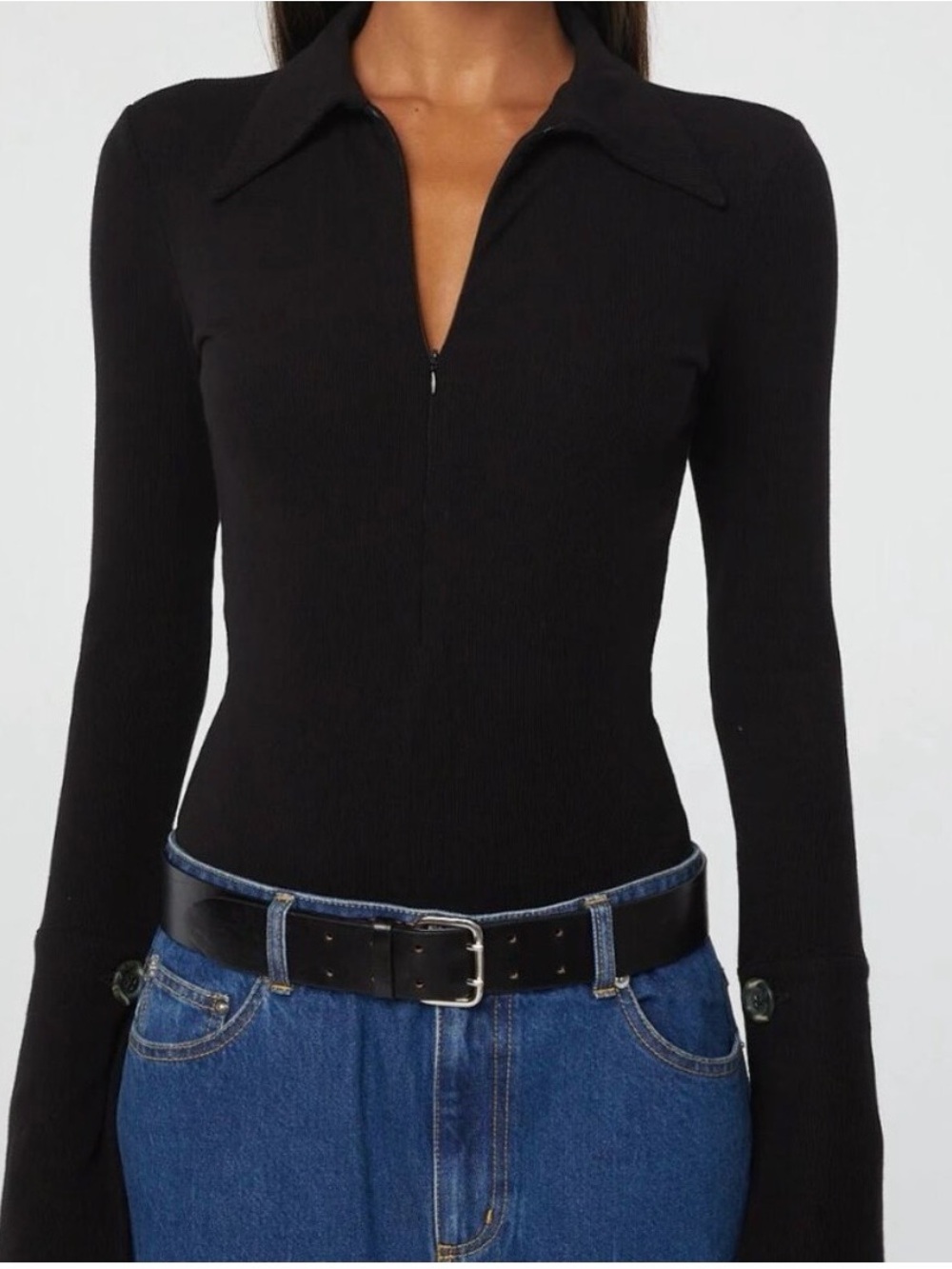 The Line by K Black Zip-Front Collared Bodysuit - Picture 3 of 8